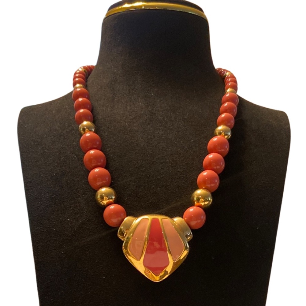 Vintage Napier Coral with Gold Tone Beaded Necklace with Pendant